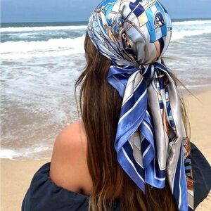 Elegant Blue and White Silk Scarf